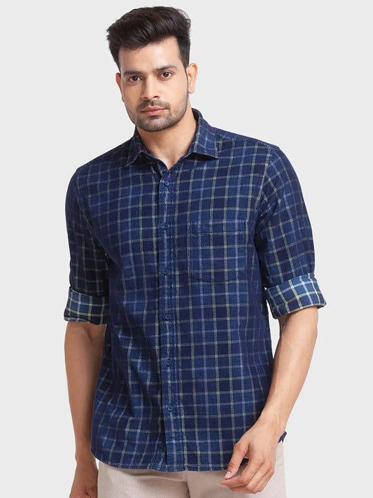 Men Blue Tailored Fit Checks Cotton Full Sleeve Shirts