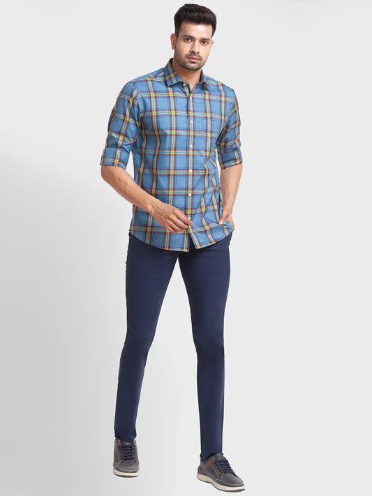 Men Blue Tailored Fit Checks Cotton Full Sleeve Shirts