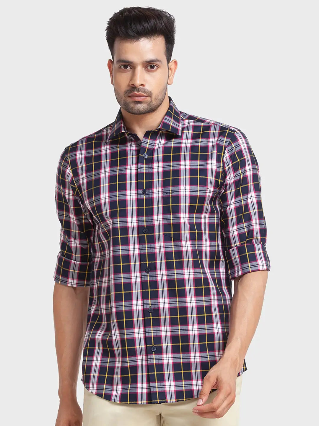 Men Blue Tailored Fit Checks Cotton Full Sleeve Shirts
