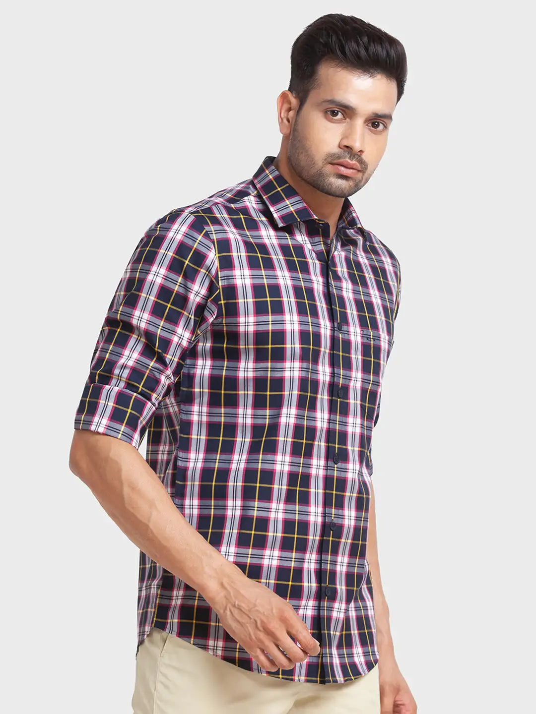 Men Blue Tailored Fit Checks Cotton Full Sleeve Shirts