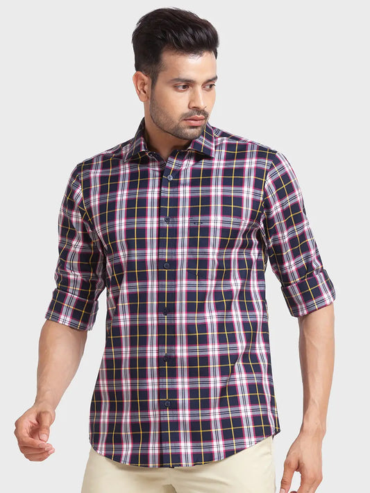 Men Blue Tailored Fit Checks Cotton Full Sleeve Shirts