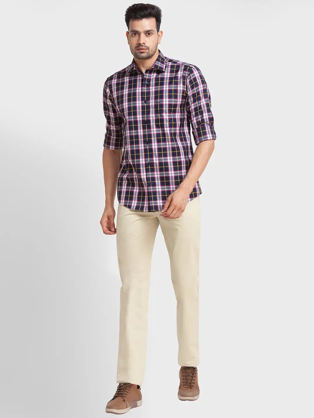 Men Blue Tailored Fit Checks Cotton Full Sleeve Shirts