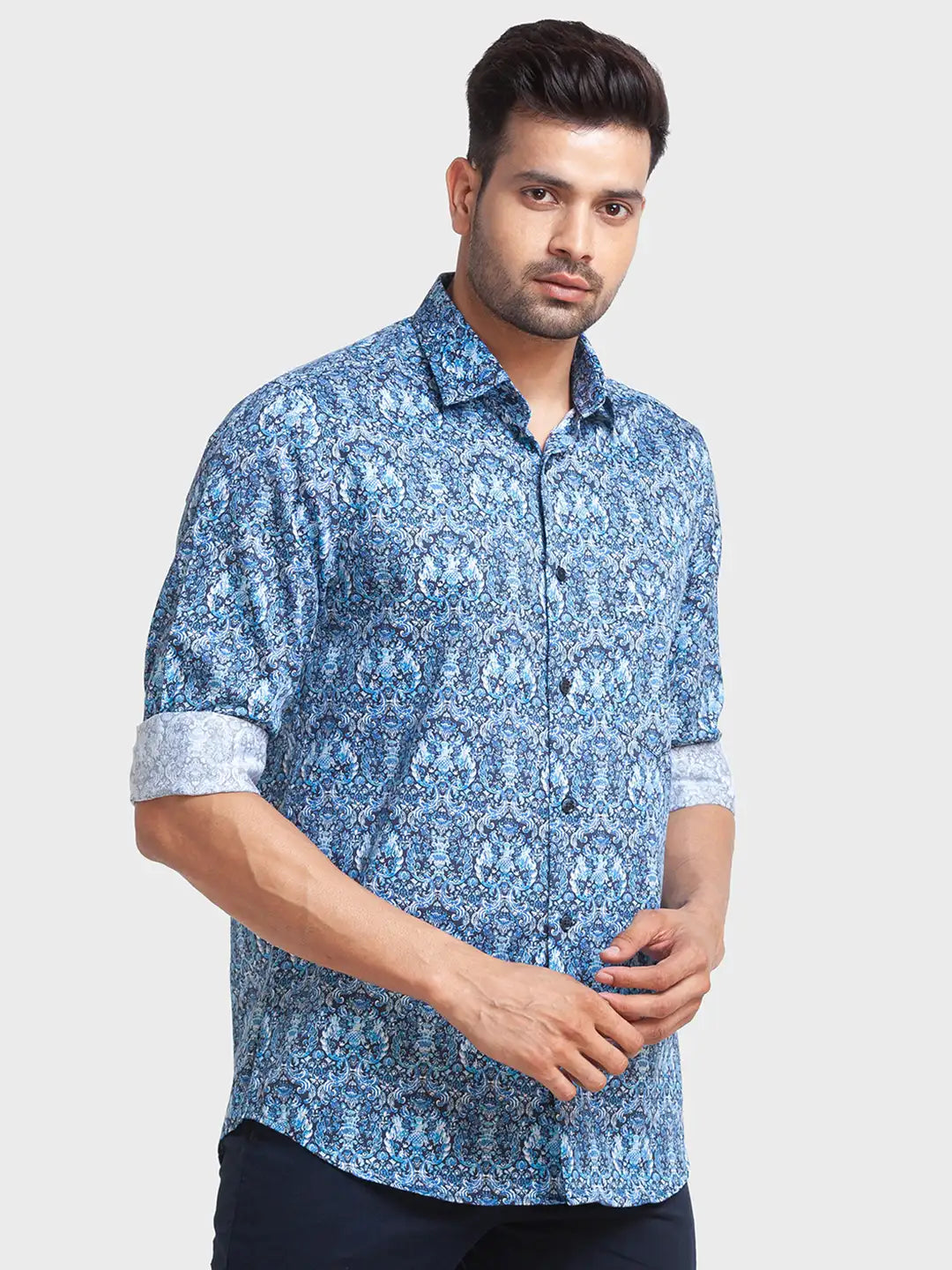 Men Blue Tailored Fit Print Cotton Full Sleeve Shirts