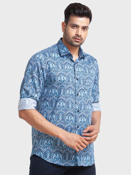 Men Blue Tailored Fit Print Cotton Full Sleeve Shirts