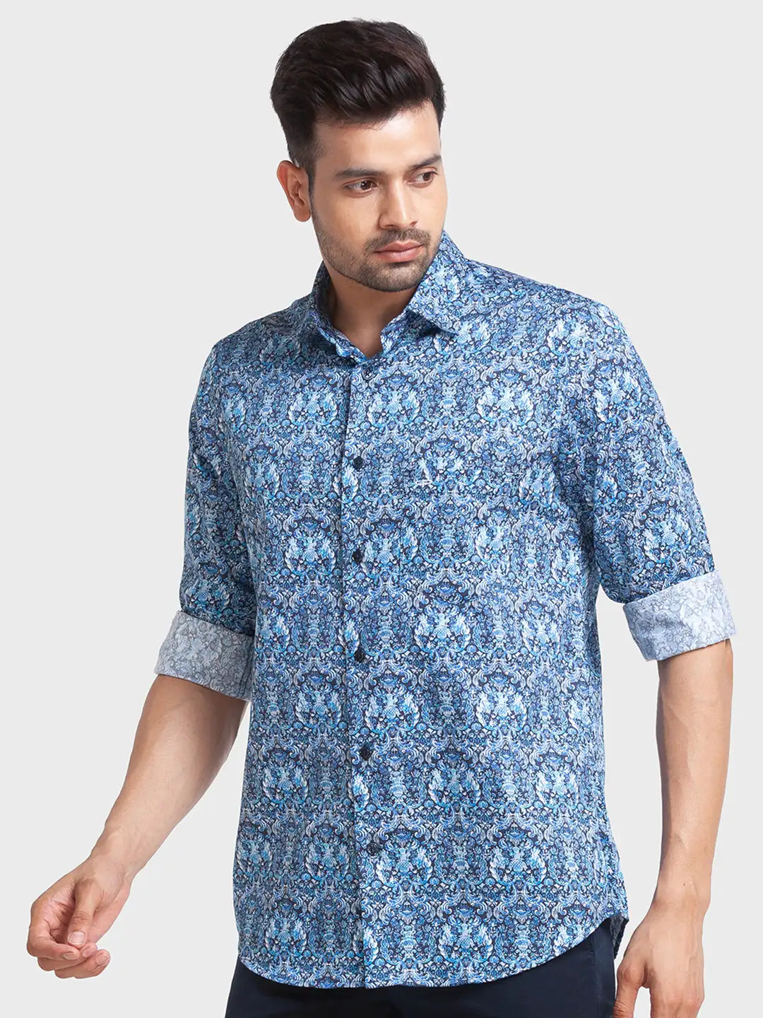 Men Blue Tailored Fit Print Cotton Full Sleeve Shirts