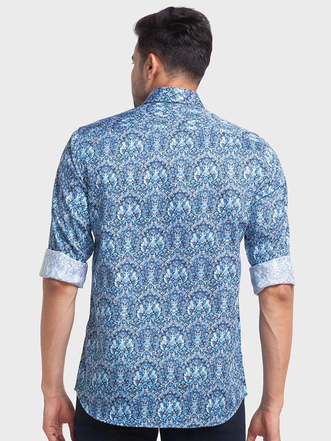 Men Blue Tailored Fit Print Cotton Full Sleeve Shirts