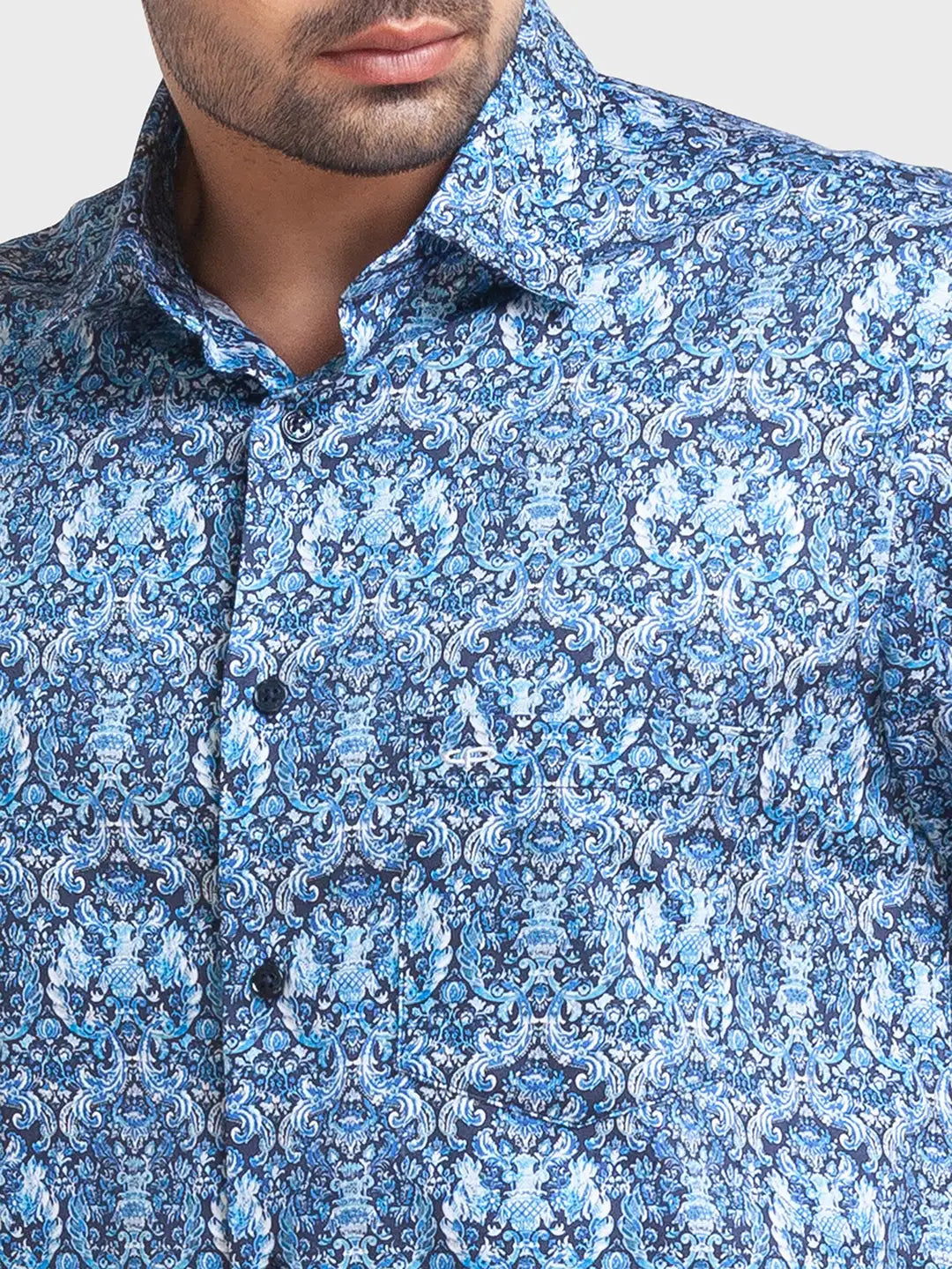 Men Blue Tailored Fit Print Cotton Full Sleeve Shirts