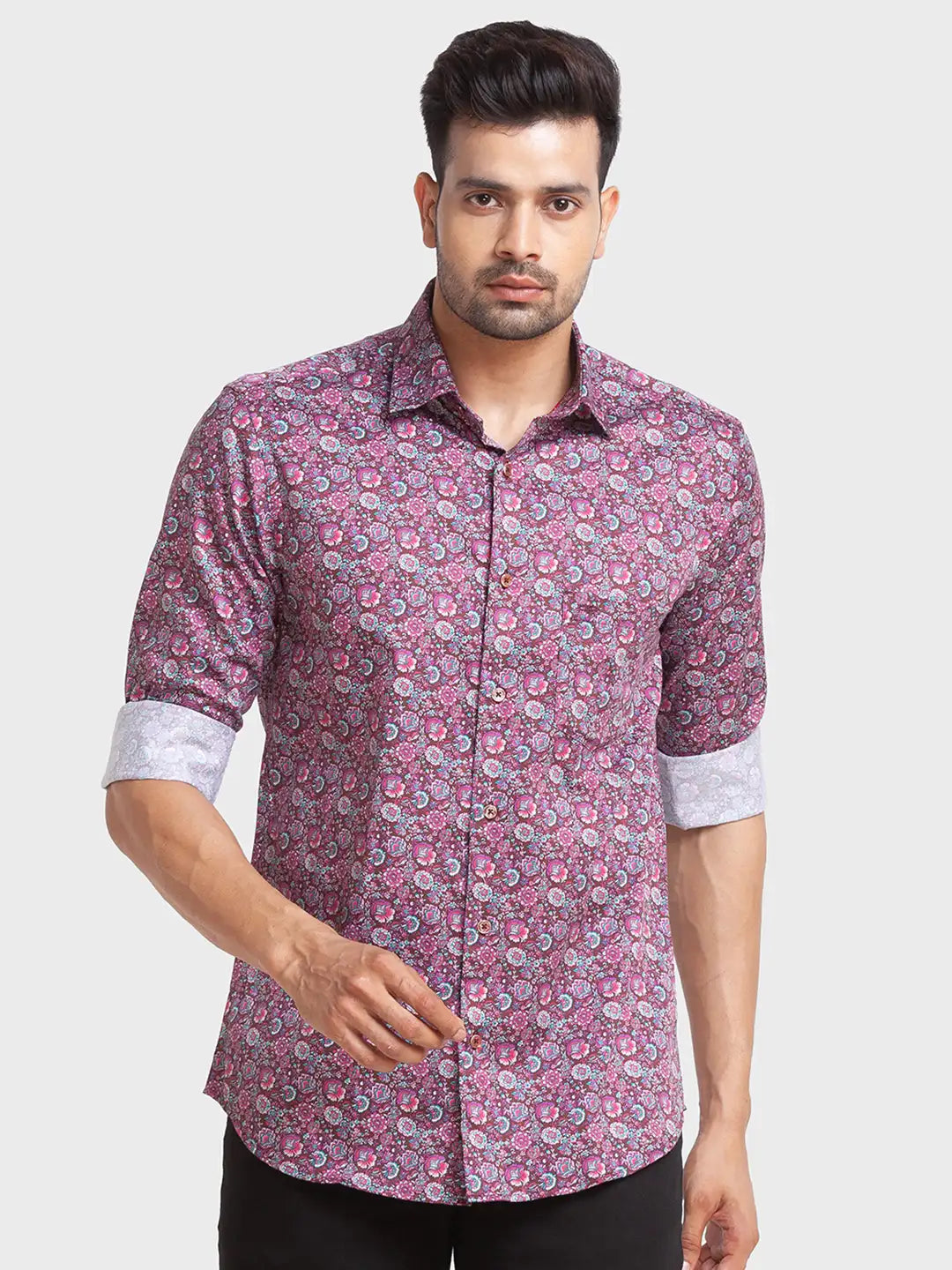 Men Red Tailored Fit Print Cotton Full Sleeve Shirts