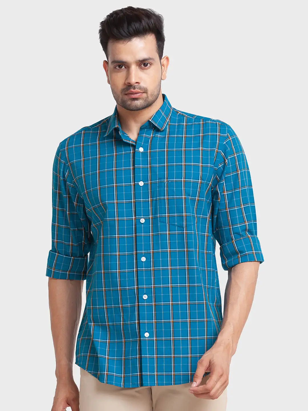 Men Petrol Tailored Fit Checks Cotton Blend Full Sleeve Shirts