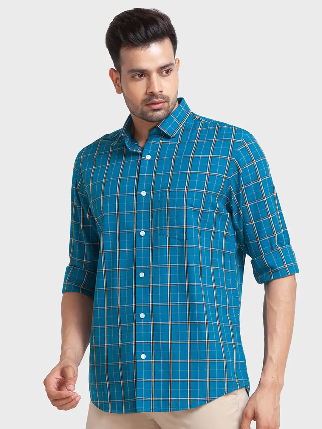 Men Petrol Tailored Fit Checks Cotton Blend Full Sleeve Shirts
