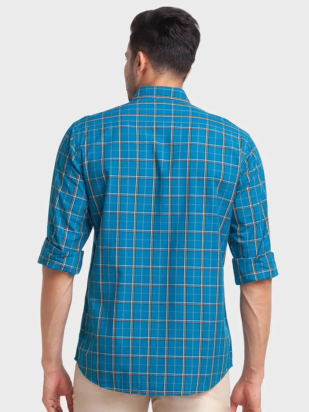 Men Petrol Tailored Fit Checks Cotton Blend Full Sleeve Shirts
