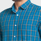 Men Petrol Tailored Fit Checks Cotton Blend Full Sleeve Shirts