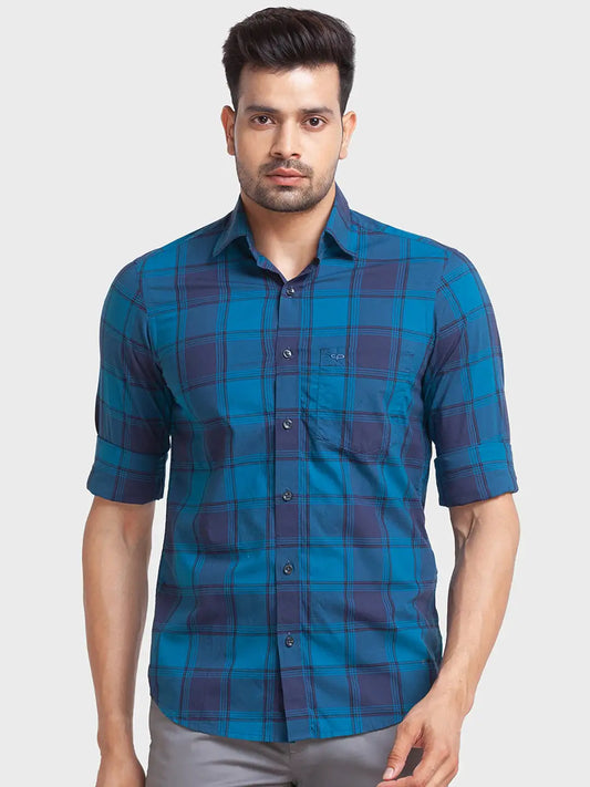 Men Petrol Tailored Fit Checks Cotton Full Sleeve Shirts