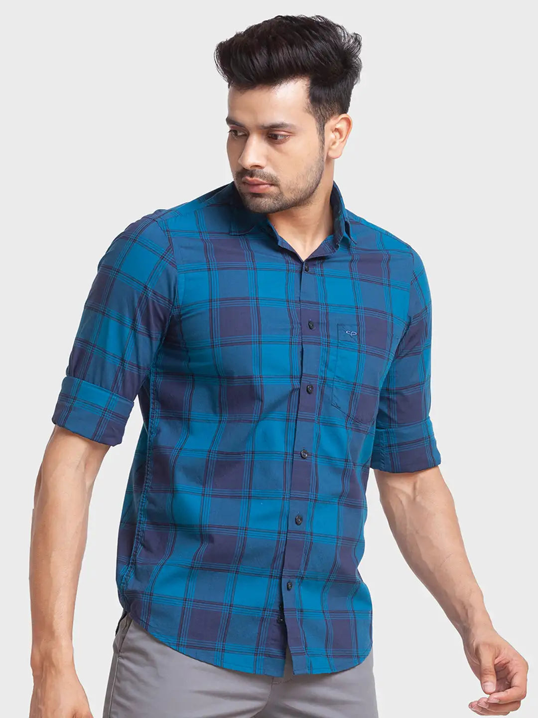 Men Petrol Tailored Fit Checks Cotton Full Sleeve Shirts