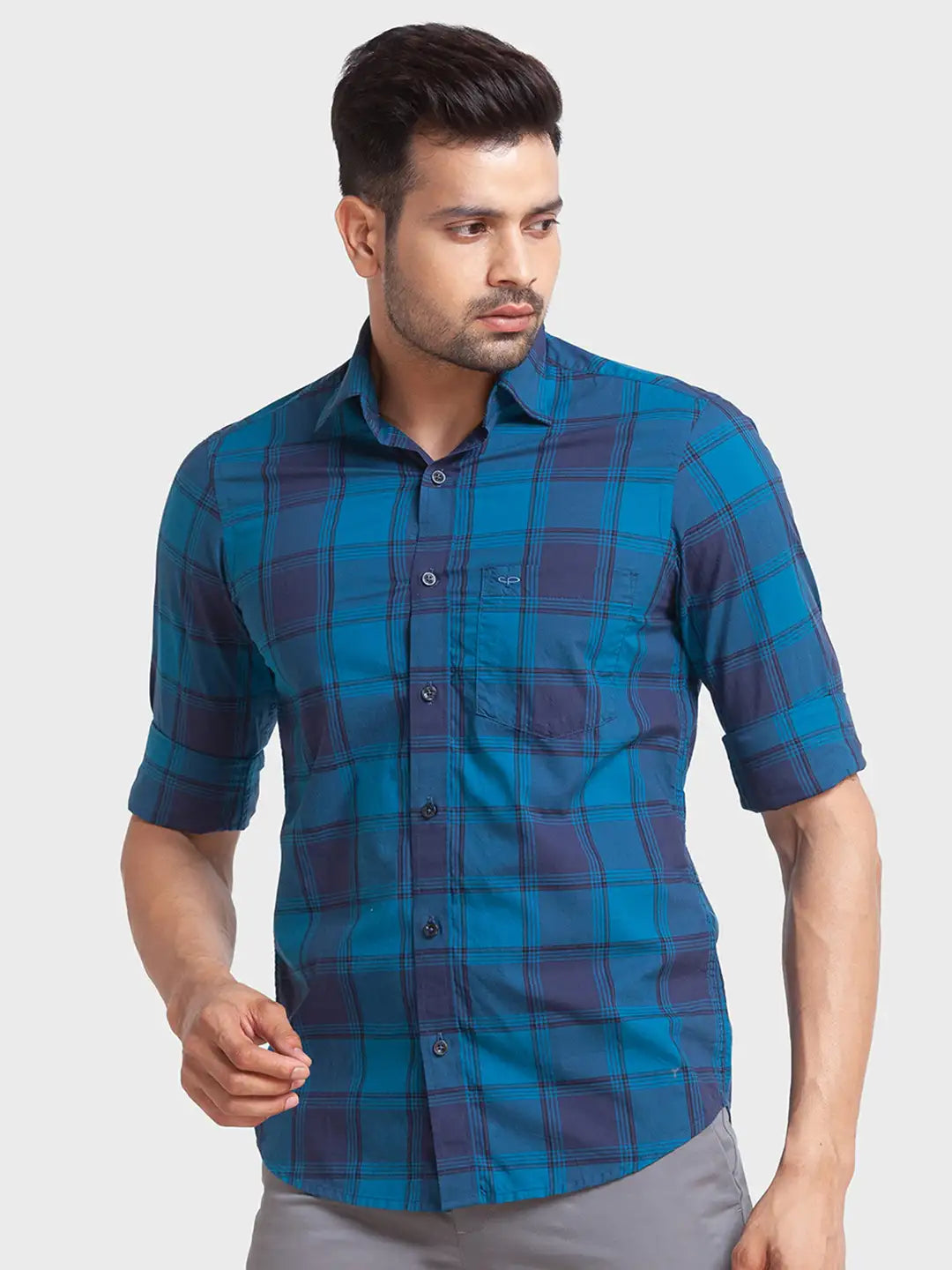 Men Petrol Tailored Fit Checks Cotton Full Sleeve Shirts