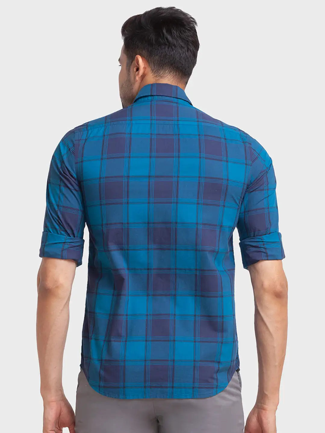 Men Petrol Tailored Fit Checks Cotton Full Sleeve Shirts