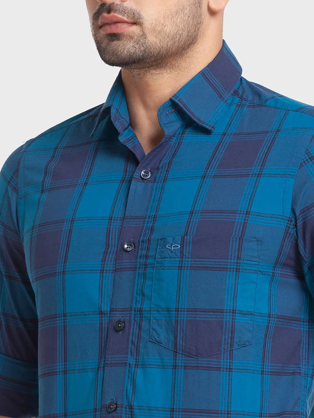Men Petrol Tailored Fit Checks Cotton Full Sleeve Shirts