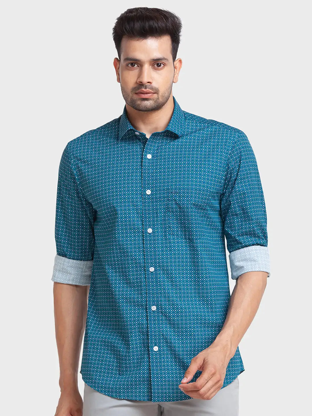 Men Petrol Tailored Fit Print Cotton Full Sleeve Shirts