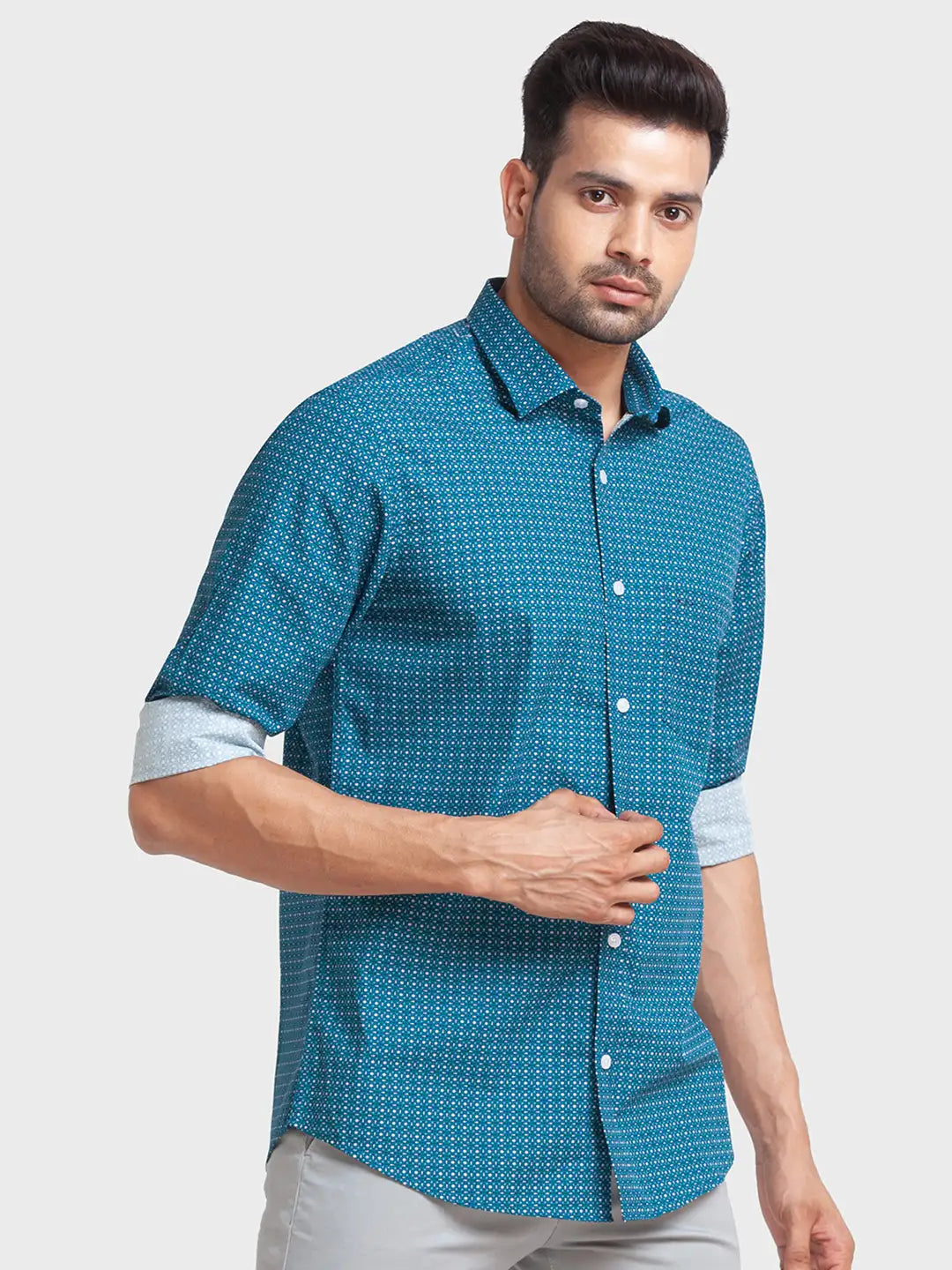 Men Petrol Tailored Fit Print Cotton Full Sleeve Shirts