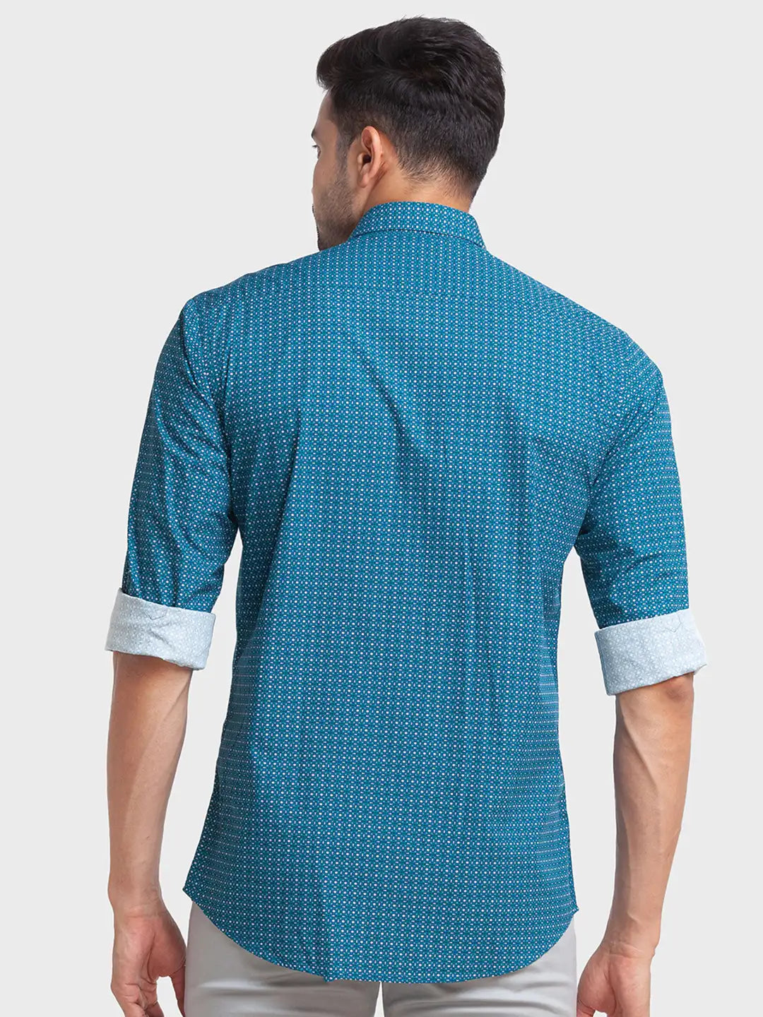 Men Petrol Tailored Fit Print Cotton Full Sleeve Shirts