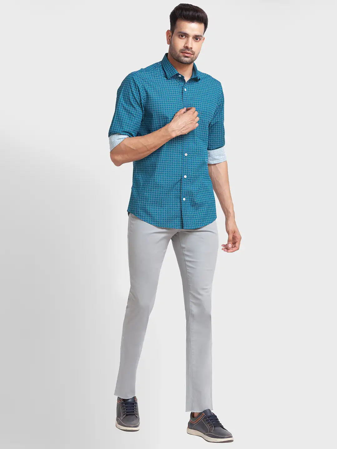 Men Petrol Tailored Fit Print Cotton Full Sleeve Shirts