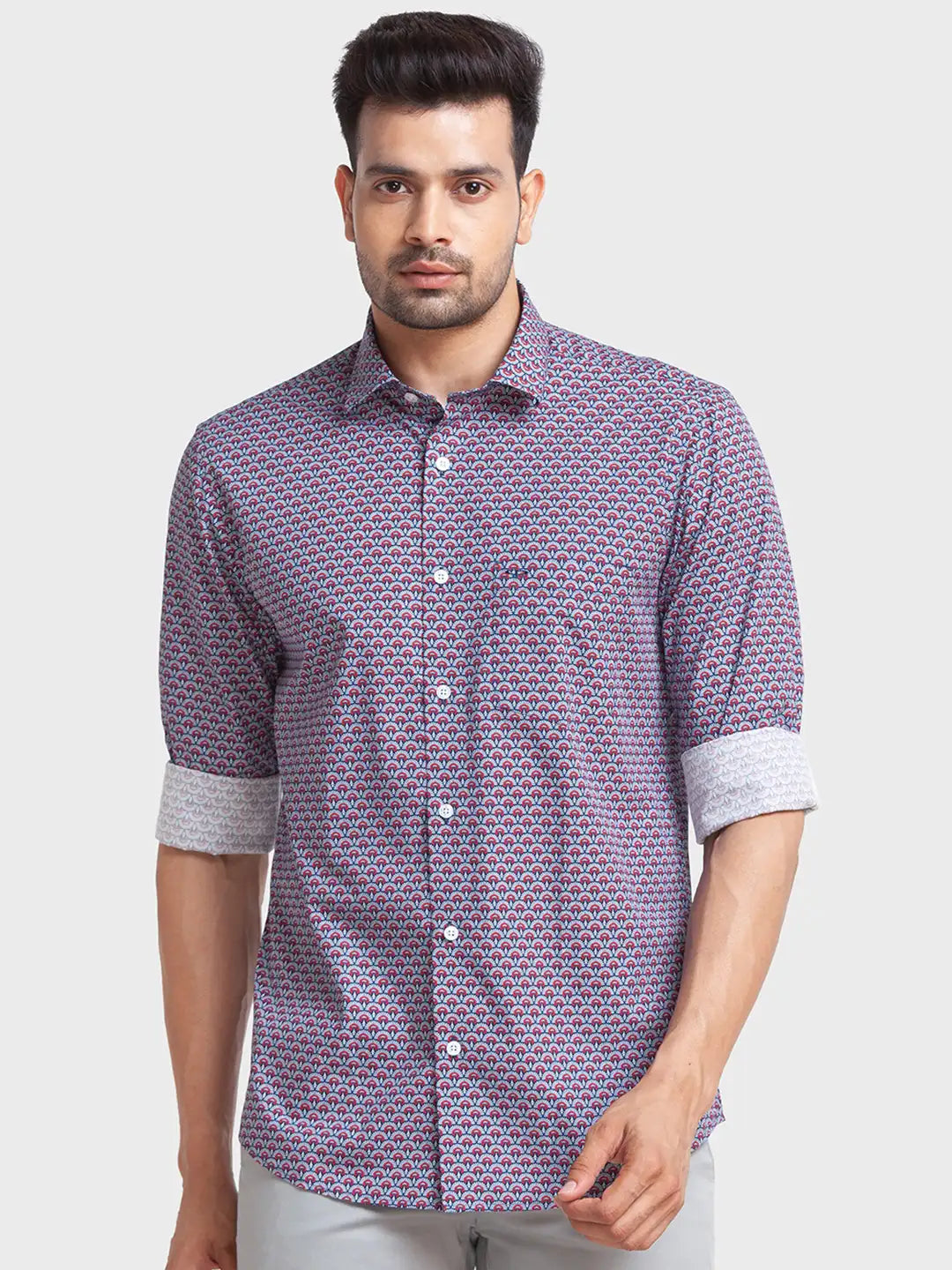 Men Blue Tailored Fit Print Cotton Full Sleeve Shirts