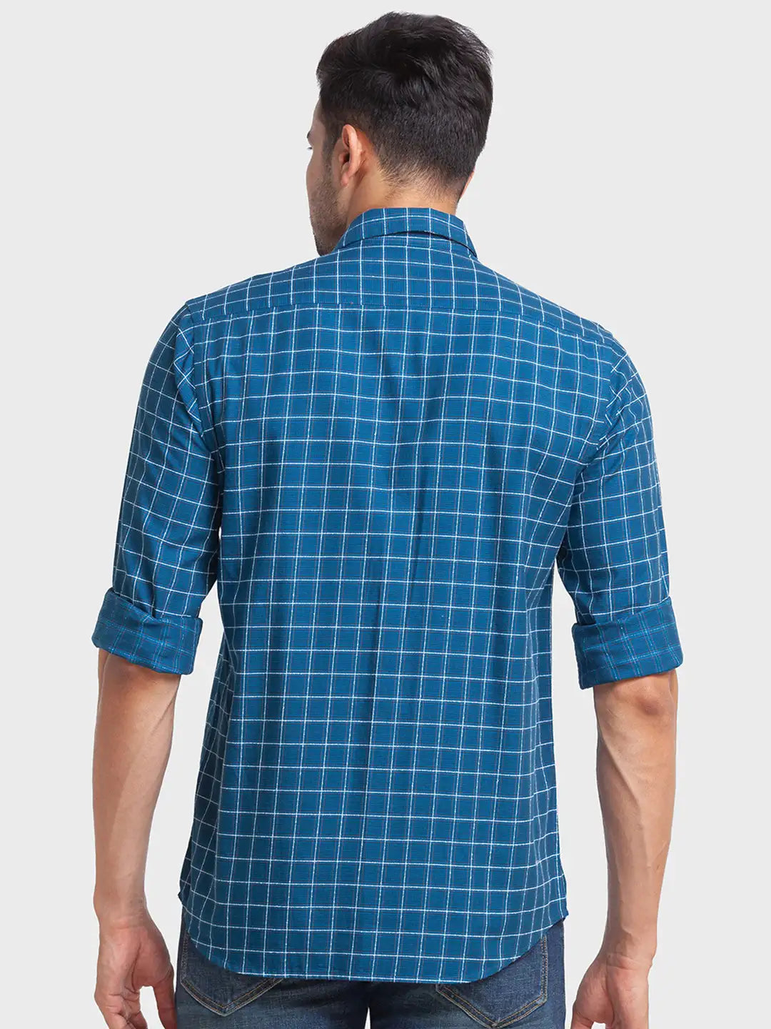 Men Blue Tailored Fit Checks Cotton Blend Full Sleeve Shirts