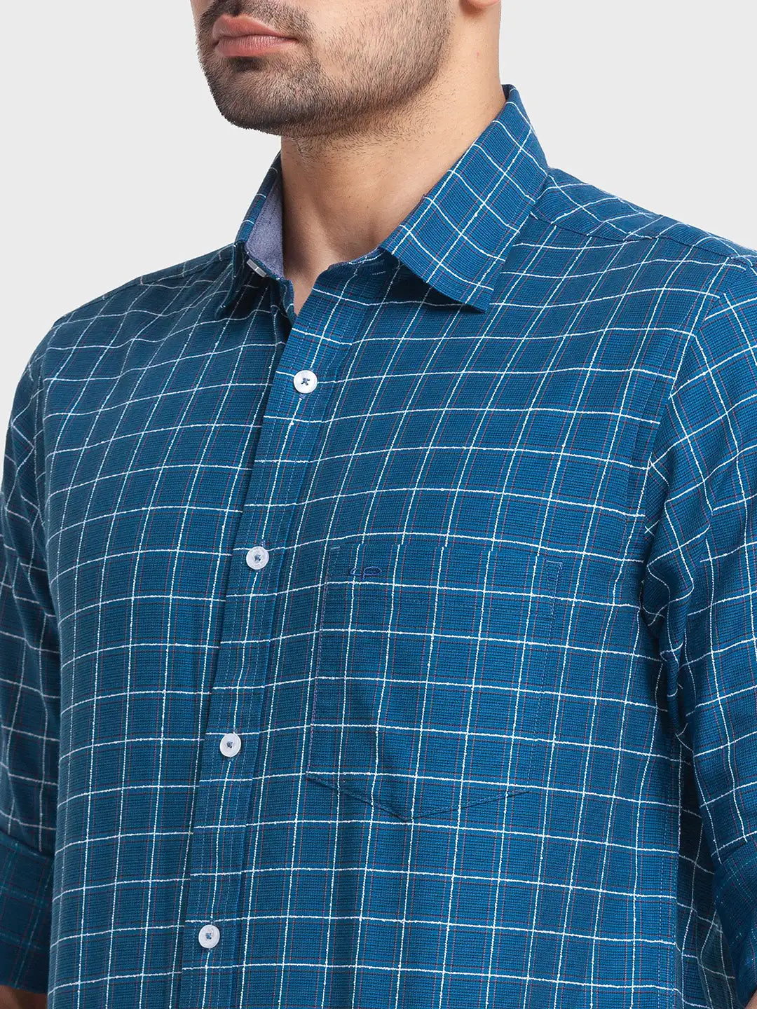 Men Blue Tailored Fit Checks Cotton Blend Full Sleeve Shirts