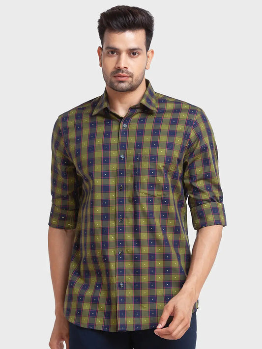Men Green Tailored Fit Checks Cotton Full Sleeve Shirts