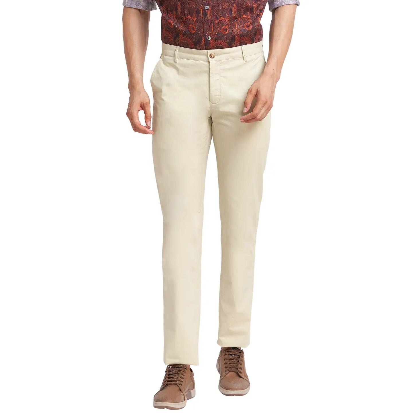 Men Fawn Contemporary Fit Solid Piece Dyed Cotton Blend Trouser