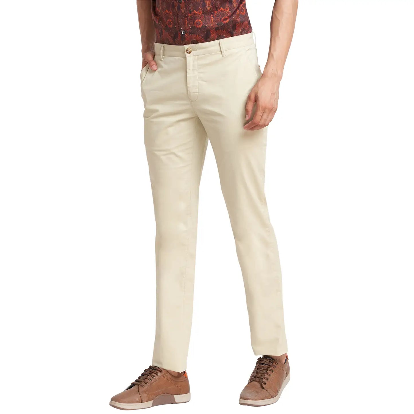 Men Fawn Contemporary Fit Solid Piece Dyed Cotton Blend Trouser