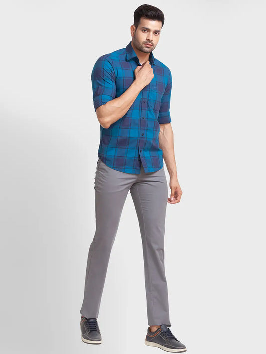 Men Grey Contemporary Fit Solid Piece Dyed Cotton Blend Trouser