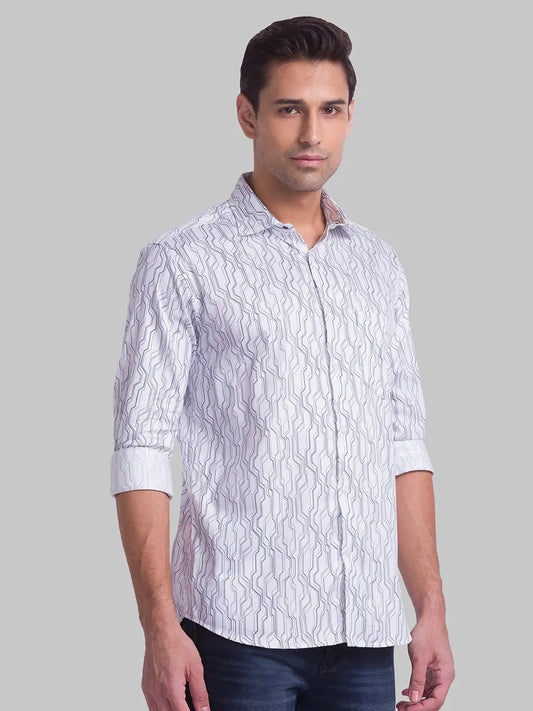 Men White Slim Fit Print Cotton Cut Away Collar Shirts
