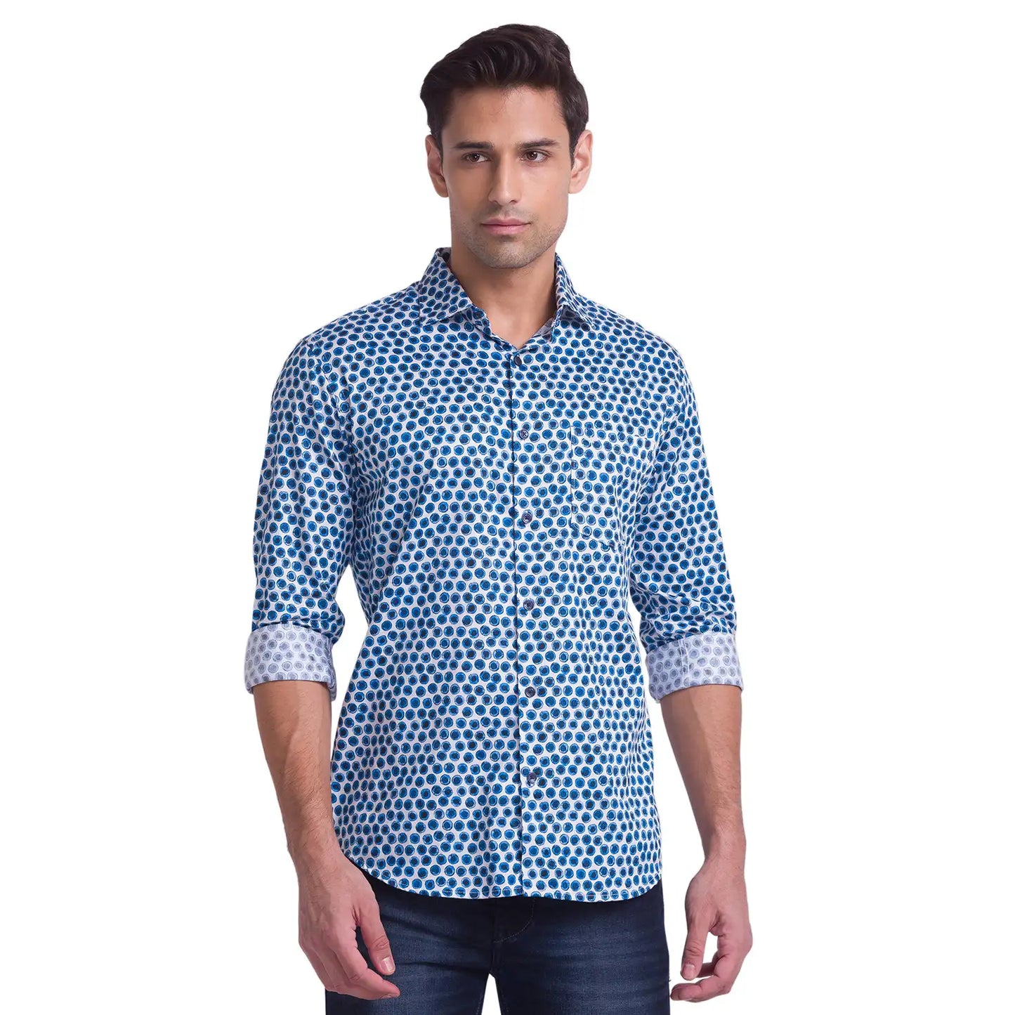 Men Blue Slim Fit Print Cotton Cut Away Collar Shirts