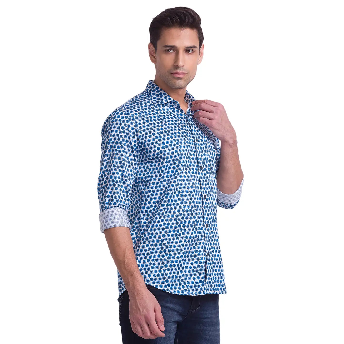 Men Blue Slim Fit Print Cotton Cut Away Collar Shirts