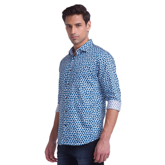 Men Blue Slim Fit Print Cotton Cut Away Collar Shirts