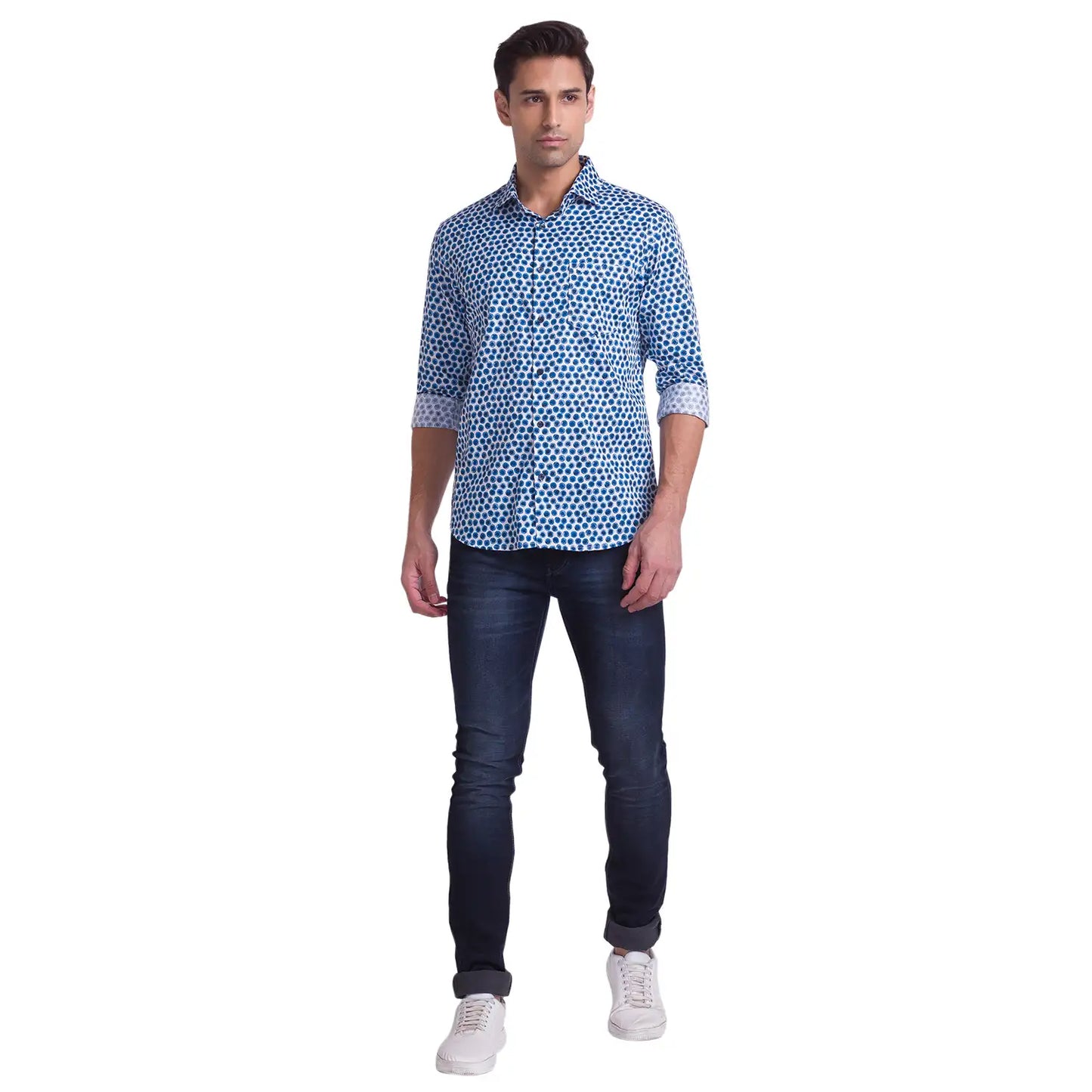 Men Blue Slim Fit Print Cotton Cut Away Collar Shirts