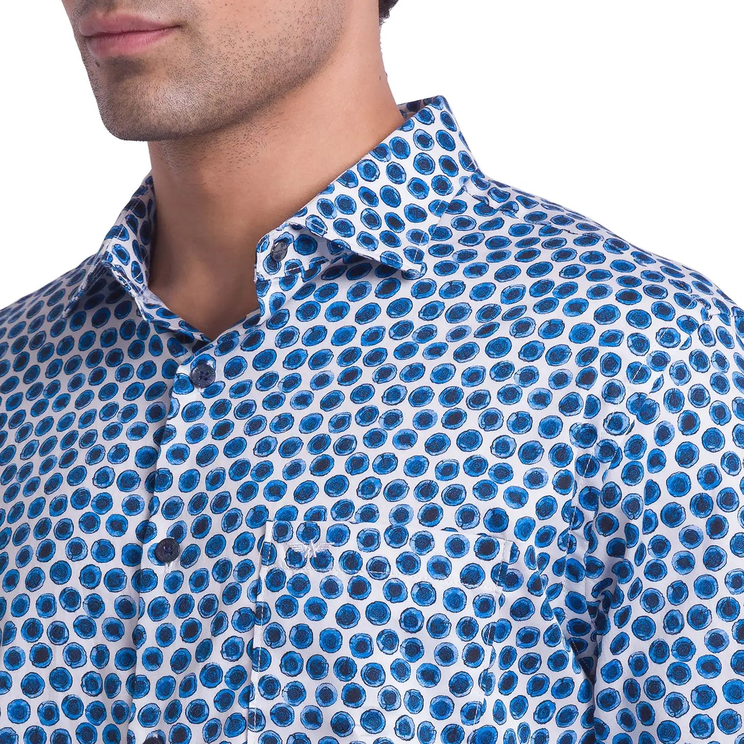 Men Blue Slim Fit Print Cotton Cut Away Collar Shirts