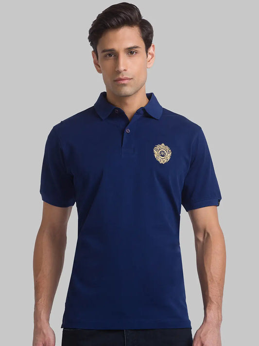 Men Blue Contemporary Fit Solid Cotton Round Neck Collar Polo T-Shirt