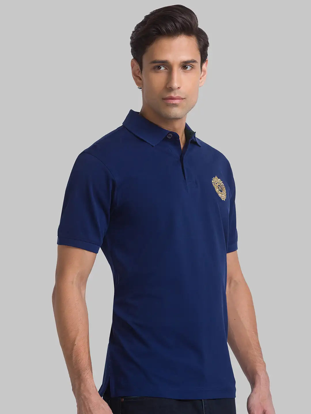 Men Blue Contemporary Fit Solid Cotton Round Neck Collar Polo T-Shirt