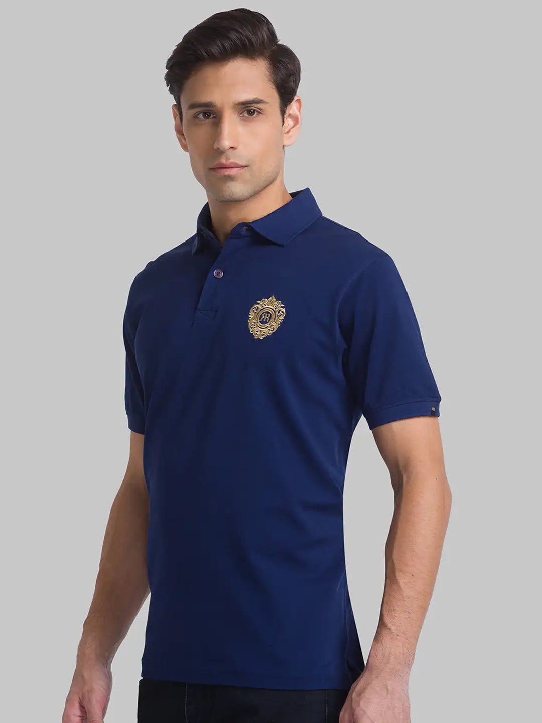 Men Blue Contemporary Fit Solid Cotton Round Neck Collar Polo T-Shirt