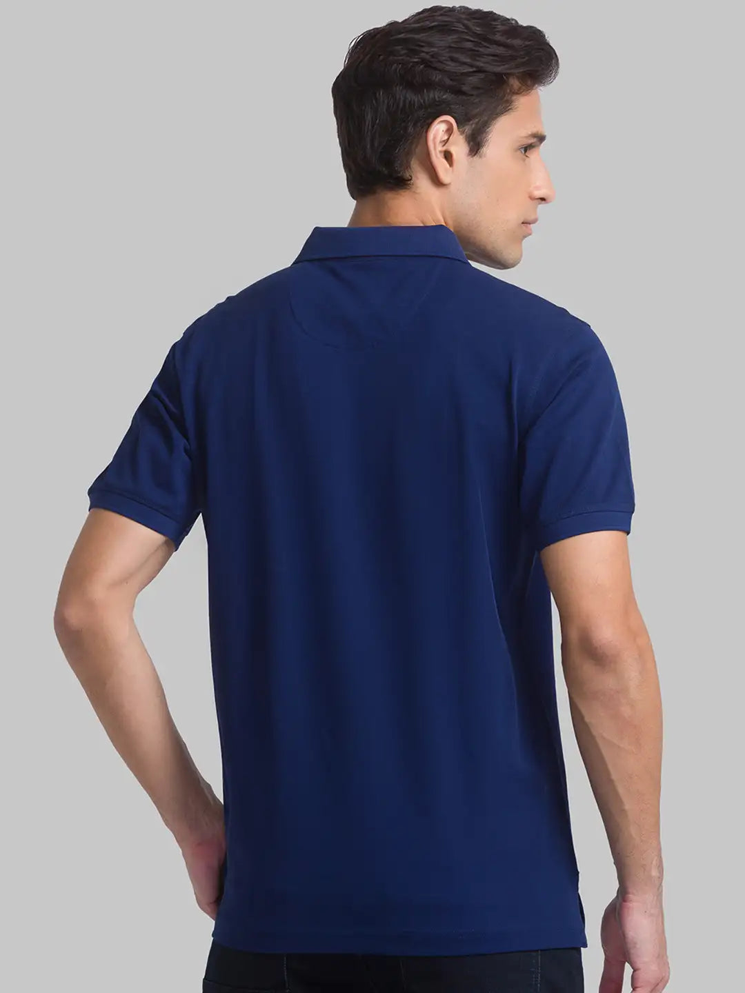 Men Blue Contemporary Fit Solid Cotton Round Neck Collar Polo T-Shirt