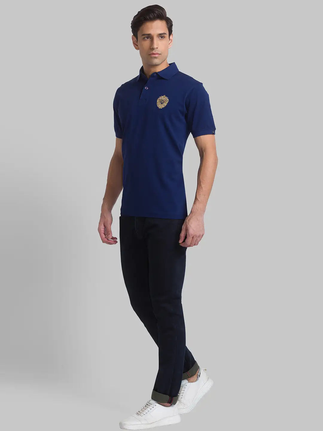 Men Blue Contemporary Fit Solid Cotton Round Neck Collar Polo T-Shirt