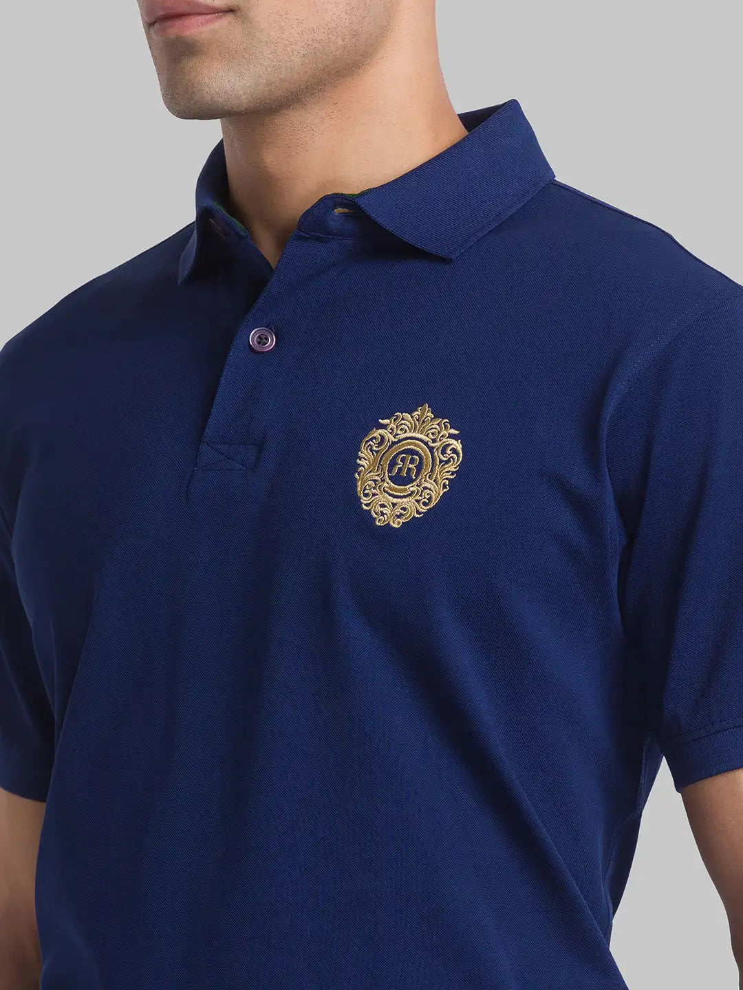 Men Blue Contemporary Fit Solid Cotton Round Neck Collar Polo T-Shirt