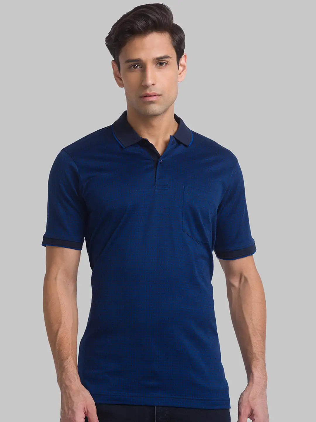 Men Blue Contemporary Fit Jacquard Cotton Polo T-Shirt