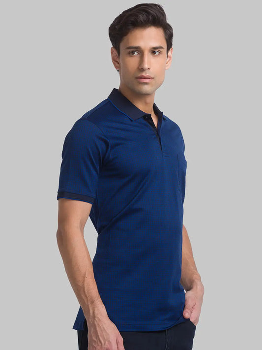 Men Blue Contemporary Fit Jacquard Cotton Polo T-Shirt