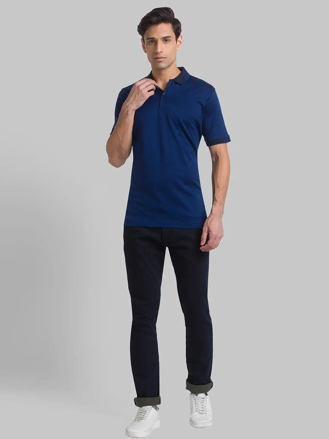 Men Blue Contemporary Fit Jacquard Cotton Polo T-Shirt