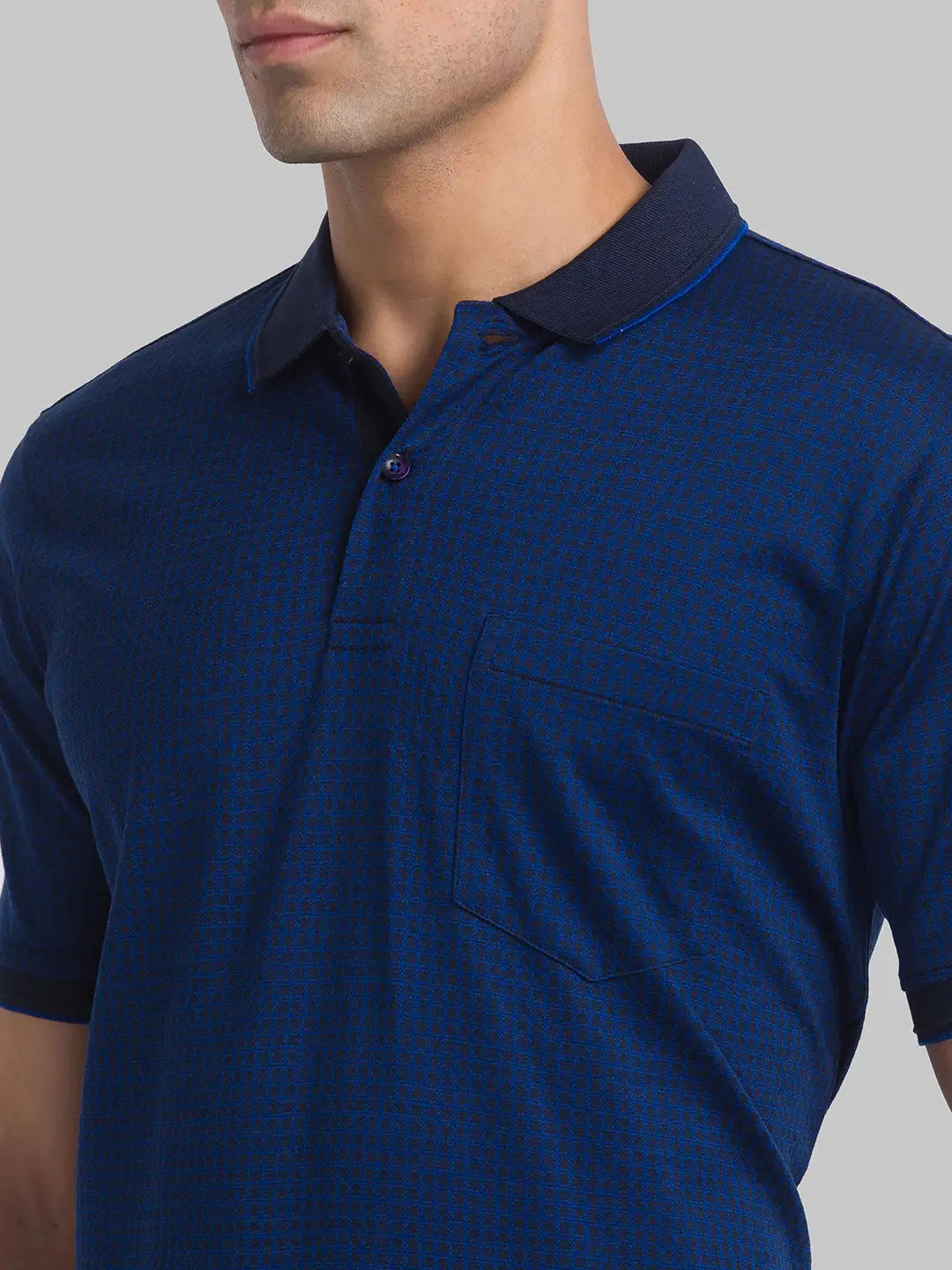 Men Blue Contemporary Fit Jacquard Cotton Polo T-Shirt