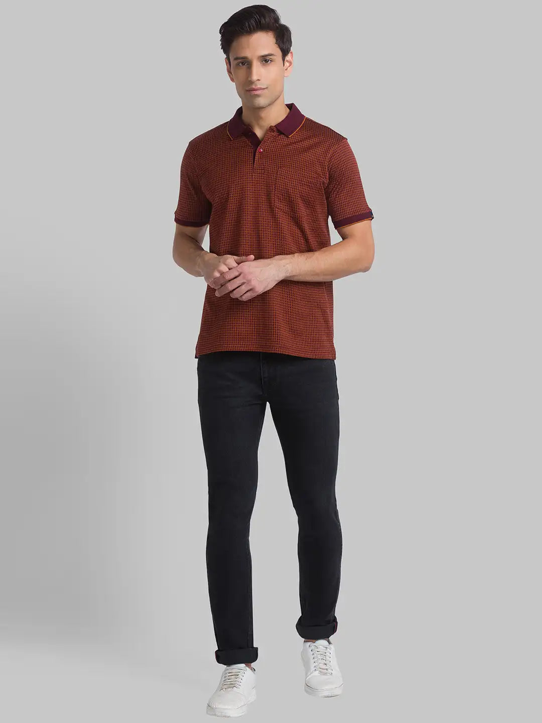 Men Maroon Contemporary Fit Jacquard Cotton Polo T-Shirt