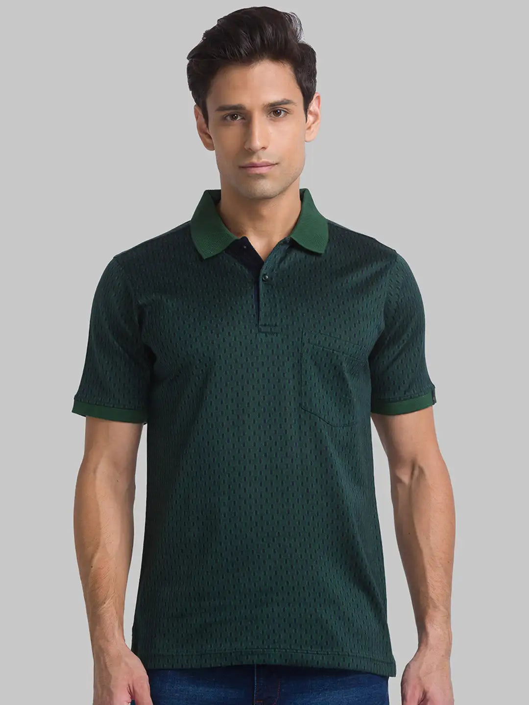 Men Green Contemporary Fit Jacquard Cotton Polo T-Shirt